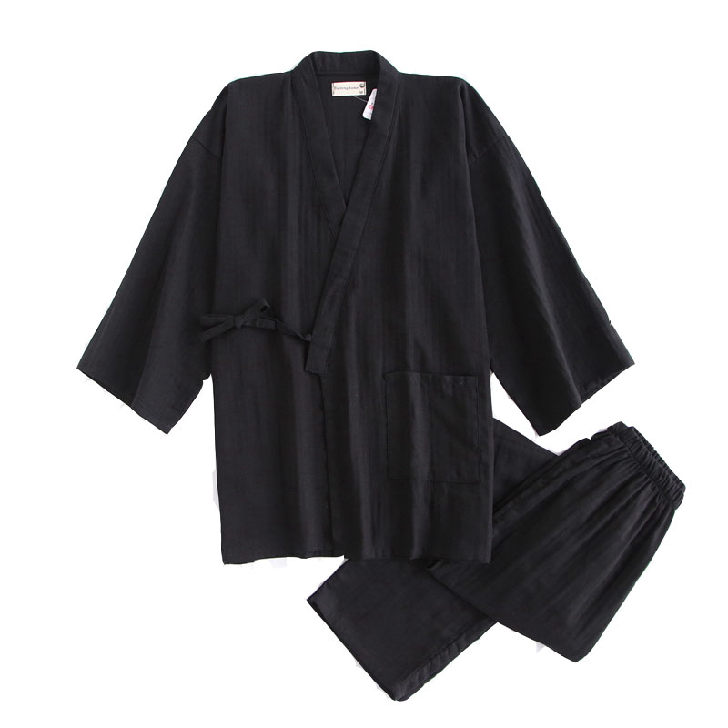 日式睡衣春秋男汉和服棉麻套装纯棉双层纱布汗蒸服大码薄款纯黑色