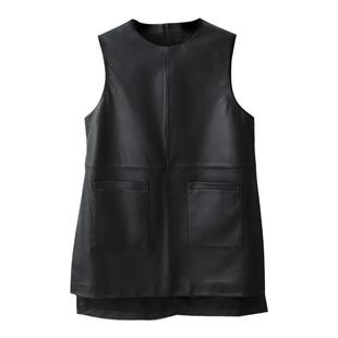 ins博主欧美风套头真皮马甲女中长款2025新款绵羊皮坎肩背心裙