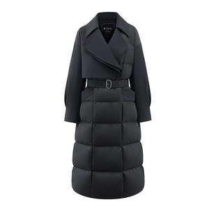 【御风系列】艾莱依2025新款鹅绒服风衣领时髦气质腰带长款羽绒服