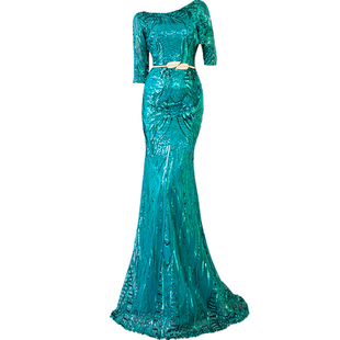 长款宴会晚礼服2025新款显瘦鱼尾敬酒服主持人中袖一字肩礼服女春