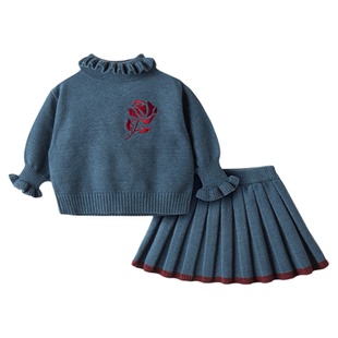 木本尚女童秋装毛衣套装2026新款宝宝针织衫两件套花边领蓝色气质