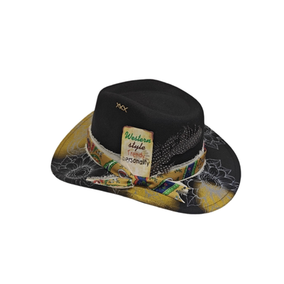 晕染印花羽毛仿毛呢卷边爵士礼帽