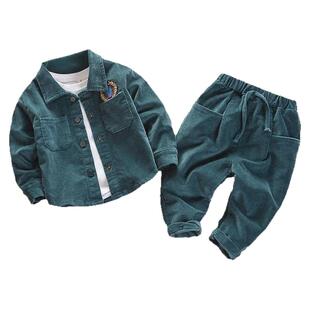 秋季新款男女宝宝秋装两件套男女童韩版时尚灯芯绒衬衫两件套
