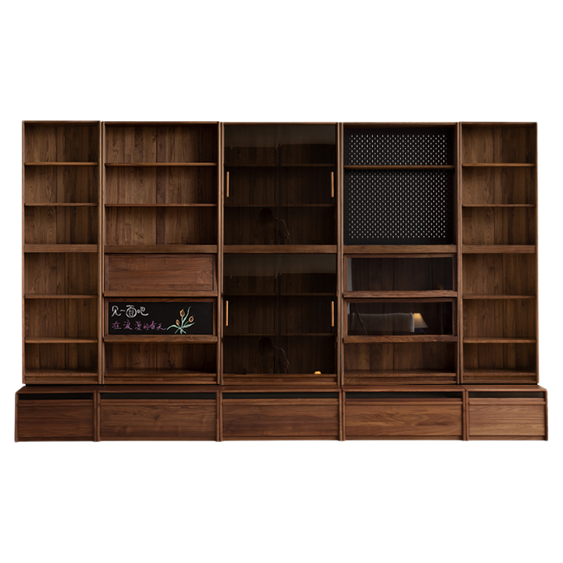 黑胡桃木阅川书柜一体整墙客厅落地卡座组合全实木满墙书架展示柜