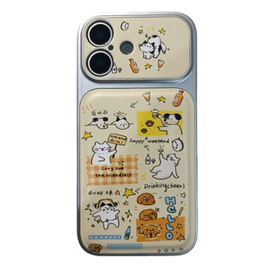 涂鸦有趣的卡通猫咪小狗适用苹果17手机壳皮质iphone16promax秋冬17promax带挂绳新款15防摔套14硅胶16女全包