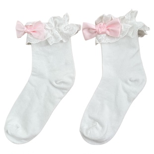 日系Lolita袜子女蕾丝边大蝴蝶结少女短袜甜妹百搭中筒棉袜