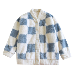 珊瑚绒睡衣上装女冬加厚保暖V领休闲大格子法兰绒家居服上衣单件