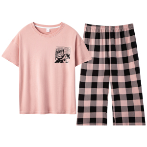 100%纯棉带胸垫睡衣女夏季薄款短袖七分裤休闲家居服套装可外穿