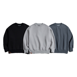 马登工装 日系复古灰色落肩太空棉卫衣空气层无帽圆领外套头男潮