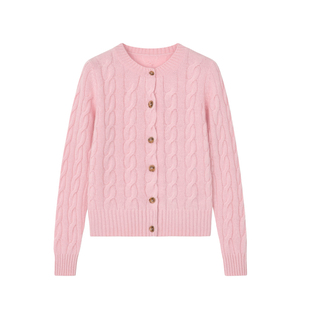 老顾客首选~圆领开衫100纯羊绒女绞花外套秋冬新款毛衣针织衫粉色