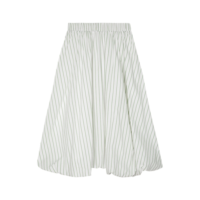 棉锦氨混纺绿白条纹泡泡半身裙女