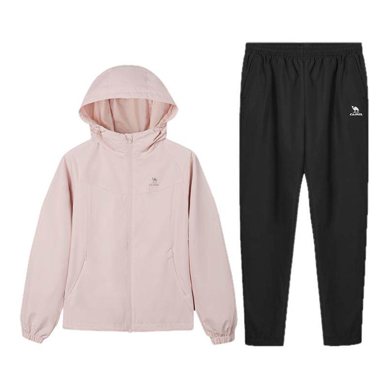 骆驼运动套装女士冬季加绒保暖风衣连帽外套休闲长裤户外两件套男