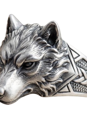 狼头雕刻编织纹理纯银男士戒指