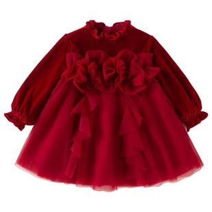 戴维贝拉女童丝绒连衣裙冬装儿童新年红色公主裙周岁女宝礼服裙子