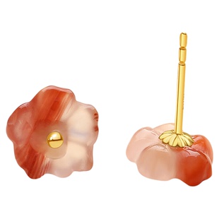 天然原矿凉山南红玛瑙冰飘小桃花耳钉女18K金新中式清新森系耳饰