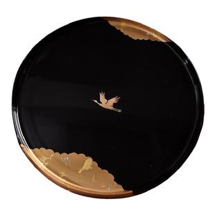 日本进口山中漆器金箔圆形茶盘托盘匠师手作仙鹤圆形点心盘子27cm