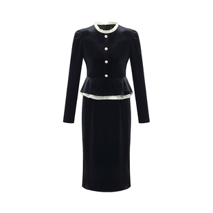 歌莉娅丝绒连衣裙女秋冬大方得体连身裙正式场合小黑裙1BNR4K360