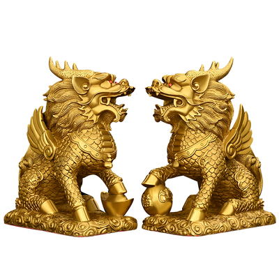 纯黄铜麒麟摆件一对客厅公司店铺