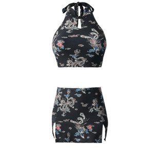 cicory龙凤旗袍小胸聚拢保守遮肚性感高腰裙裤温泉度假分体泳衣女