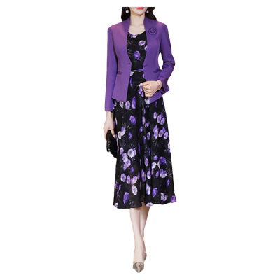 高级感两件套裙2025秋冬新款紫色气质外套洋气印花大摆连衣裙套装