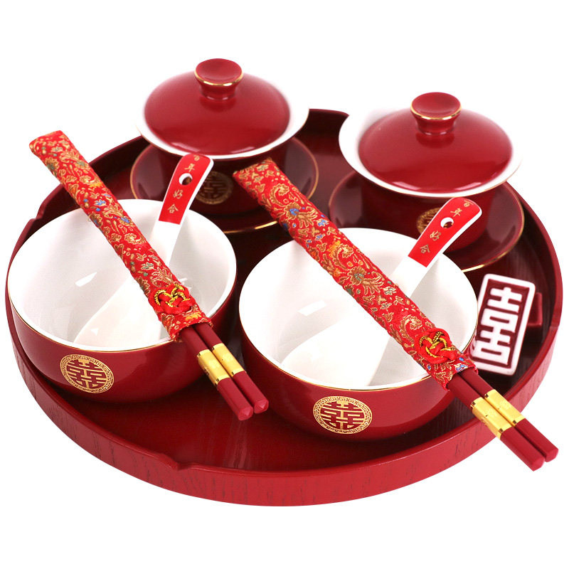 婚庆敬茶杯陶瓷喜碗对送新人陪嫁