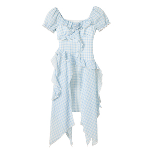 织物猪 蝴蝶絮语 蓝色开叉格纹连衣裙女夏日白色蛋糕长裙半身裙