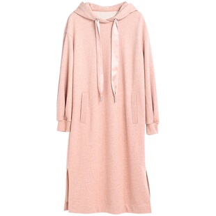 Yifini/易菲宽松长袖连帽卫衣连衣裙女春秋新款纯棉粉红色裙