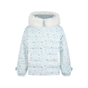 Amoeba甜美碎花可拆卸毛领连帽排骨羽绒服50白鸭绒女冬季保暖外套