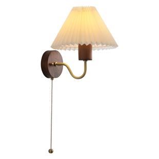 百褶壁灯北美黑胡桃木卧室床头复古民宿过道走廊自带拉线开关壁灯