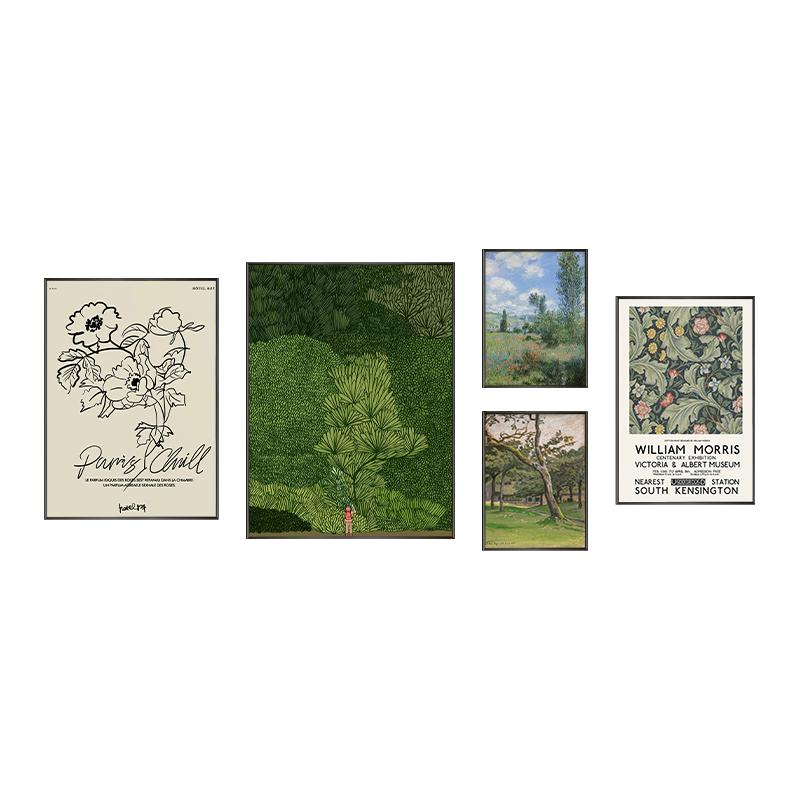 中古客厅组合装饰画绿色风景小众艺术挂画美式复古沙发背景墙壁画