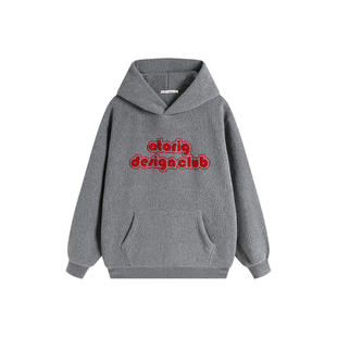 ATRY字母刺绣连帽卫衣男国潮美式秋冬季百搭复古保暖羊羔毛上衣女