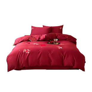 大红色婚庆陪嫁床单被套四件套纯棉全棉轻奢高级感主卧室床上用品