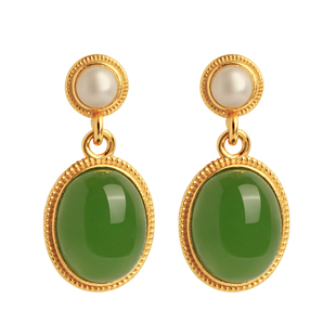 和田玉碧玉纯银水滴蛋面耳环女新中式国风绿色宝石玉耳饰耳坠耳钉
