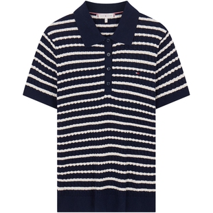 Tommy26春夏新款女装纯棉优雅休闲通勤条纹麻花POLO领短袖针织衫