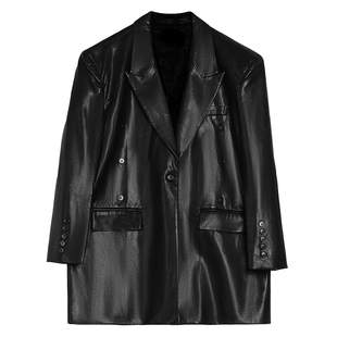 洛边 【精神抖擞】后扣设计柔软环保皮衣西装秋冬新款复古外套女