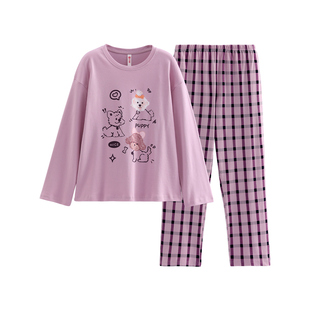 芬腾女士睡衣春秋季纯棉卡通长袖套装女款可爱休闲格子大码家居服