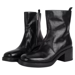 MantenerGran高跟粗跟靴子女黑色真皮加绒短靴英伦风马丁靴MG女鞋