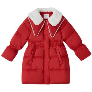moomoo童装女童翻领长款羽绒服冬季新款毛毛翻领可爱俏皮外套