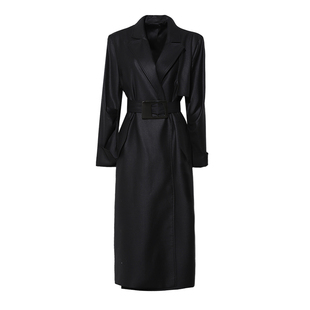 DPLAY2026春季皮风衣气质黑色长款皮衣PU长款风衣外套皮大衣