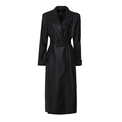 DPLAY2026春季皮风衣气质黑色长款皮衣PU长款风衣外套皮大衣