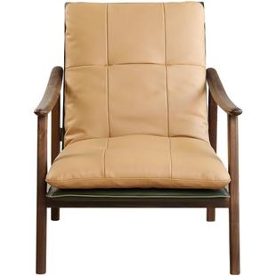 北美黑胡桃木休闲椅北欧单椅客厅单人沙发椅实木真皮扶手椅高背椅