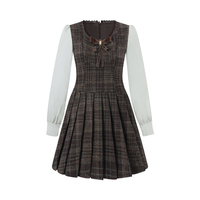 Even一雯【青苹雪咖】韩系高智假两件收腰连衣裙复古显瘦长裙短裙