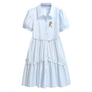 白色polo领泡泡袖衬衫连衣裙女2026夏季新款木耳边宽松遮肚衬衣裙
