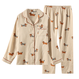 情侣睡衣春秋纯棉双层纱布卡通大码2026新款长袖套装女男士家居服