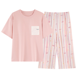 帕兰朵100%纯棉睡衣女夏季卡通短袖七分裤带胸垫一体式家居服套装