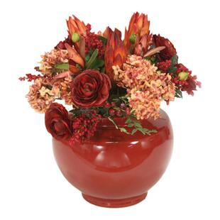 现 纽约下城公园进口高端仿真花火红的季节毛茛绣球盛开在花盆中