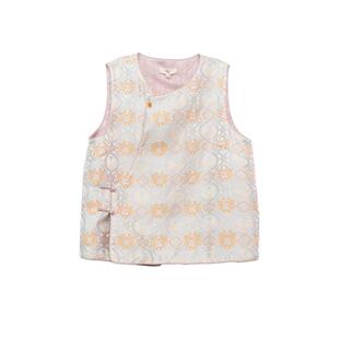 布符秋季新款粉色方格窗花平安扣马甲中国风时尚百搭女士