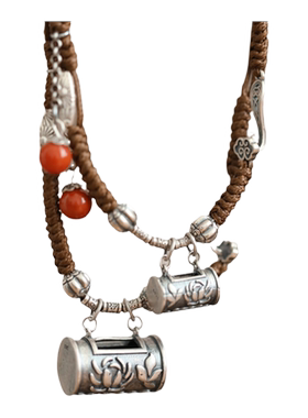 925纯银新中式国风如意莲花锁吊坠棕绳玛瑙项链配饰女新款2024年