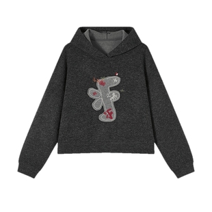 飞鸟和新酒贴绣花带帽灰色短外套女2025冬季新款加厚保暖上衣