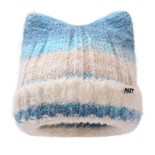 毛绒条纹针织帽女秋冬季冷帽大头围百搭可爱猫耳保暖显脸小毛线帽